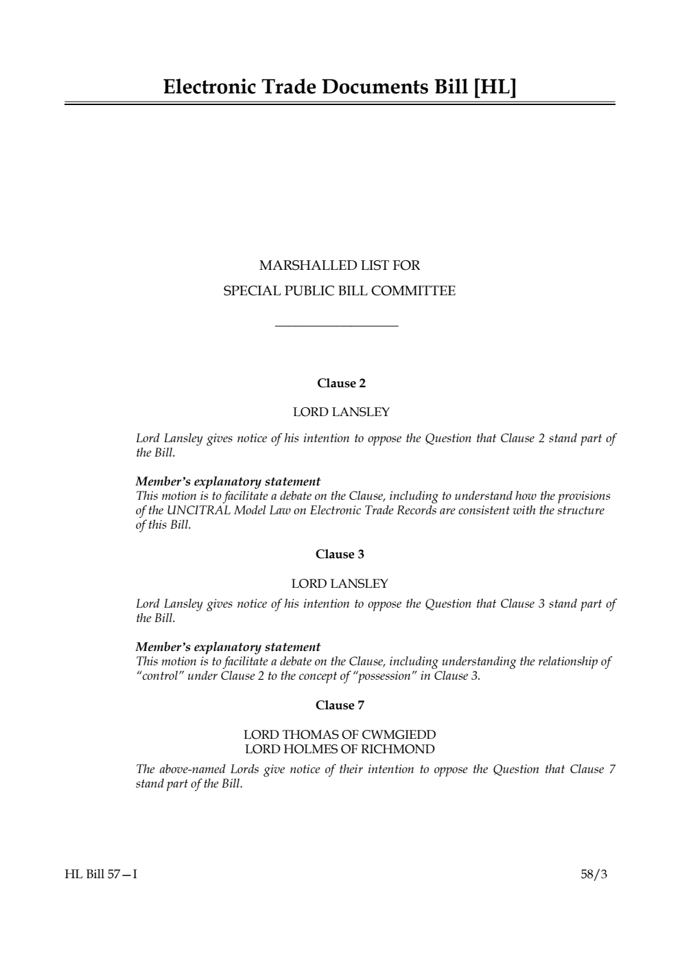 Electronic Trade Documents Bill [HL] Marshalled List for Special Public Bill Committee