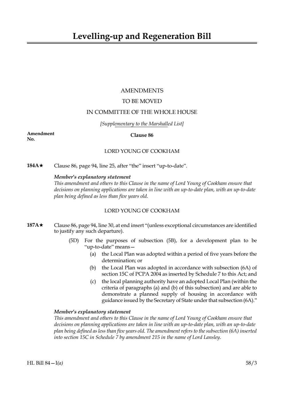 Levelling-up and Regeneration Bill Amendments to be moved in Committee of the Whole House [Supplementary to the Marshalled List]