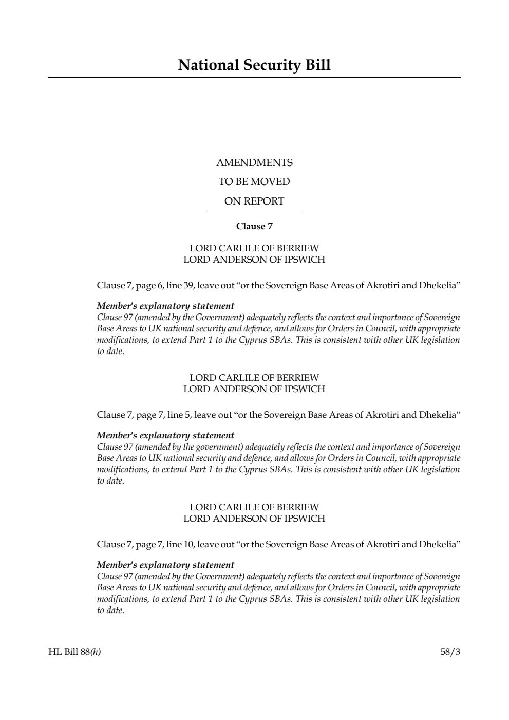 National Security Bill Amendments to be moved on Report