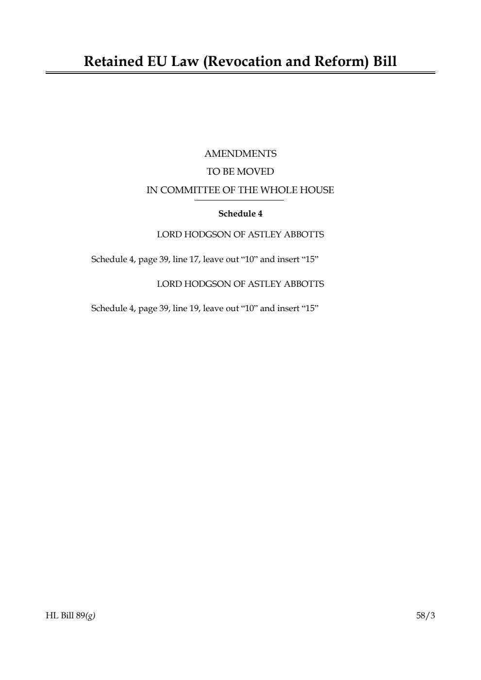 Retained EU Law (Revocation and Reform) Bill Amendments to be moved in Committee of the Whole House