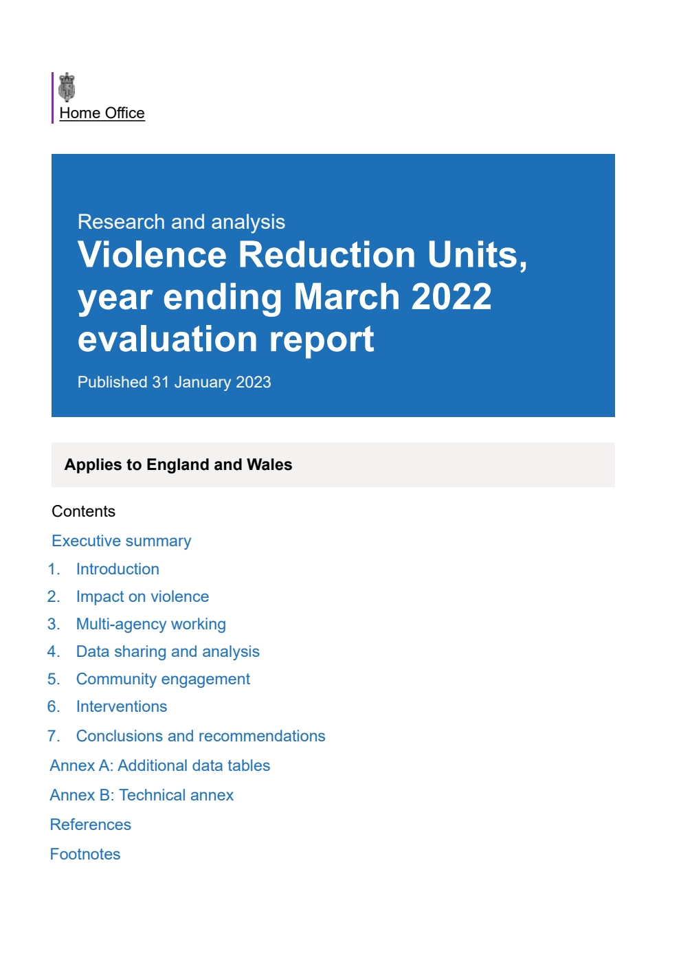 Home Office Research Report Violence Reduction Units, year ending March 2022 evaluation report