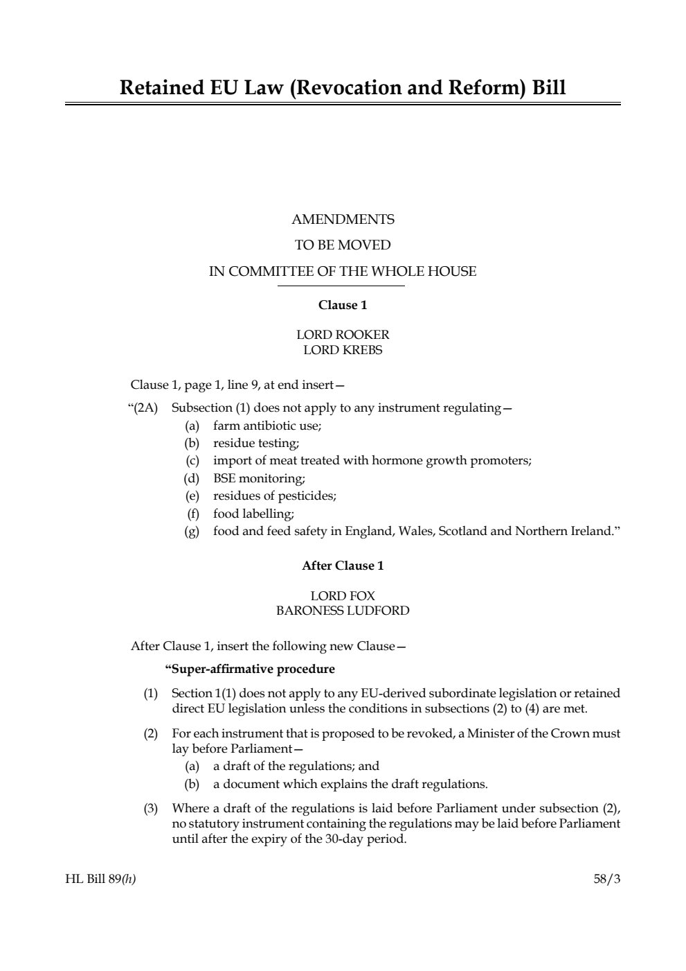 Retained EU Law (Revocation and Reform) Bill Amendments to be moved in Committee of the Whole House