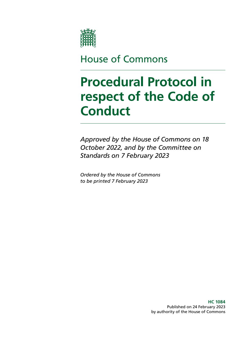 House of Commons. Procedural Protocol in respect of the Code of Conduct