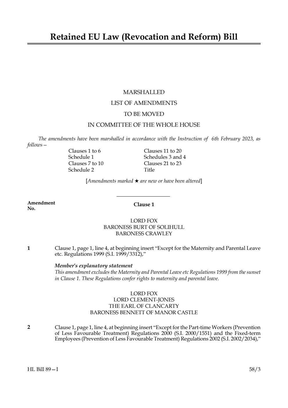 Retained EU Law (Revocation and Reform) Bill Marshalled List of Amendments to be moved in Committee of the Whole House