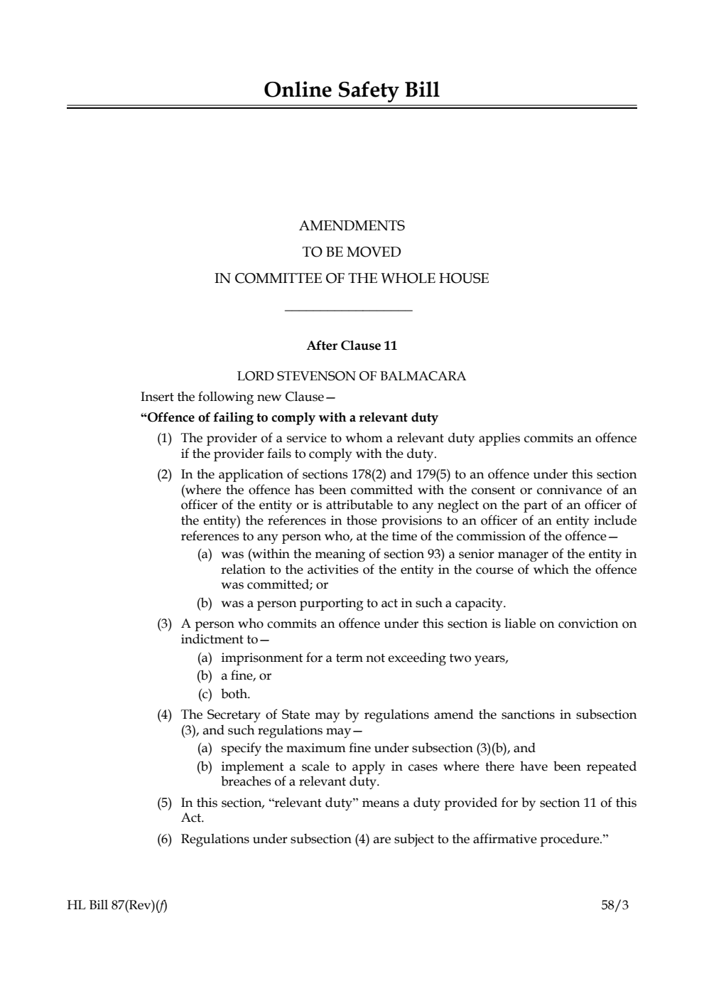 Online Safety Bill Amendments to be moved in Committee of the Whole House