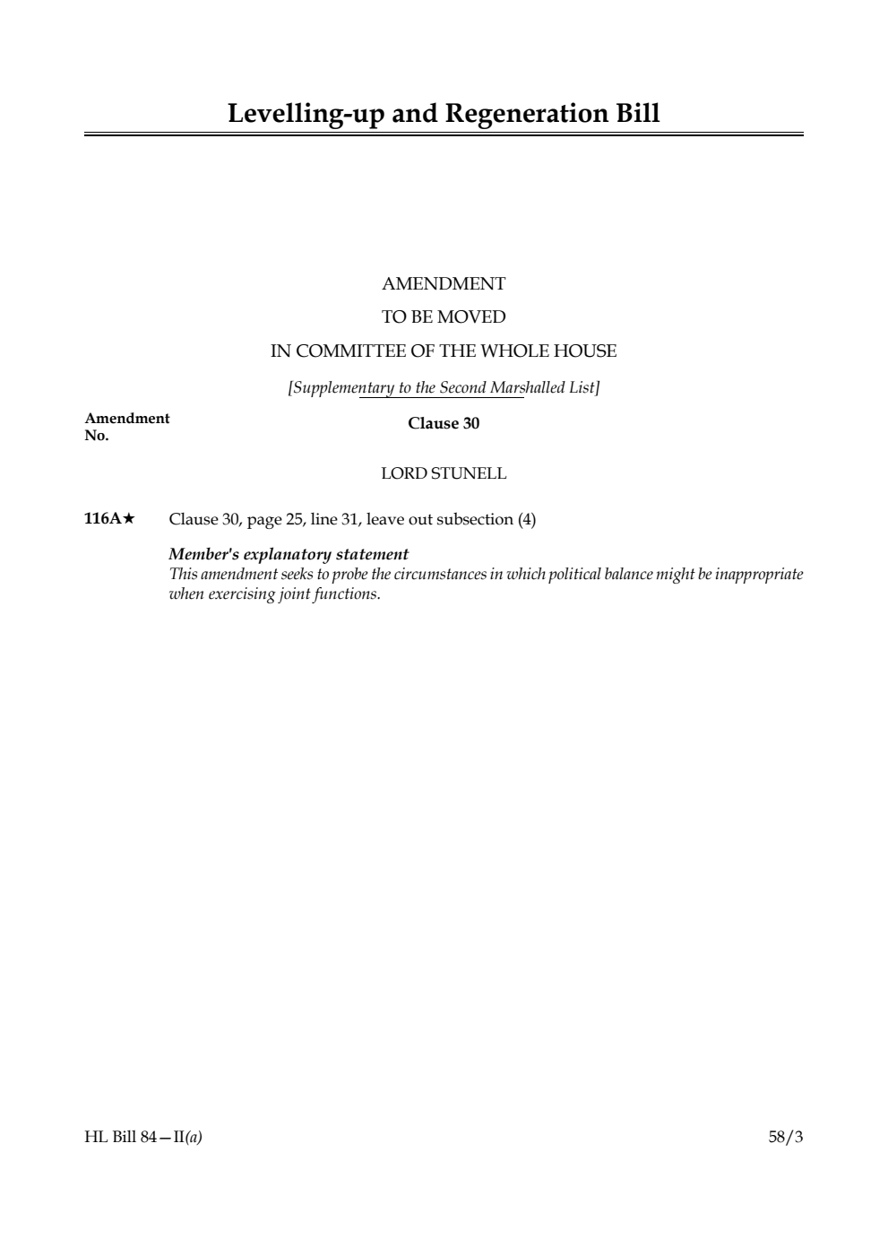 Levelling-up and Regeneration Bill Amendment to be moved in Committee of the Whole House [Supplementary to the Second Marshalled List]