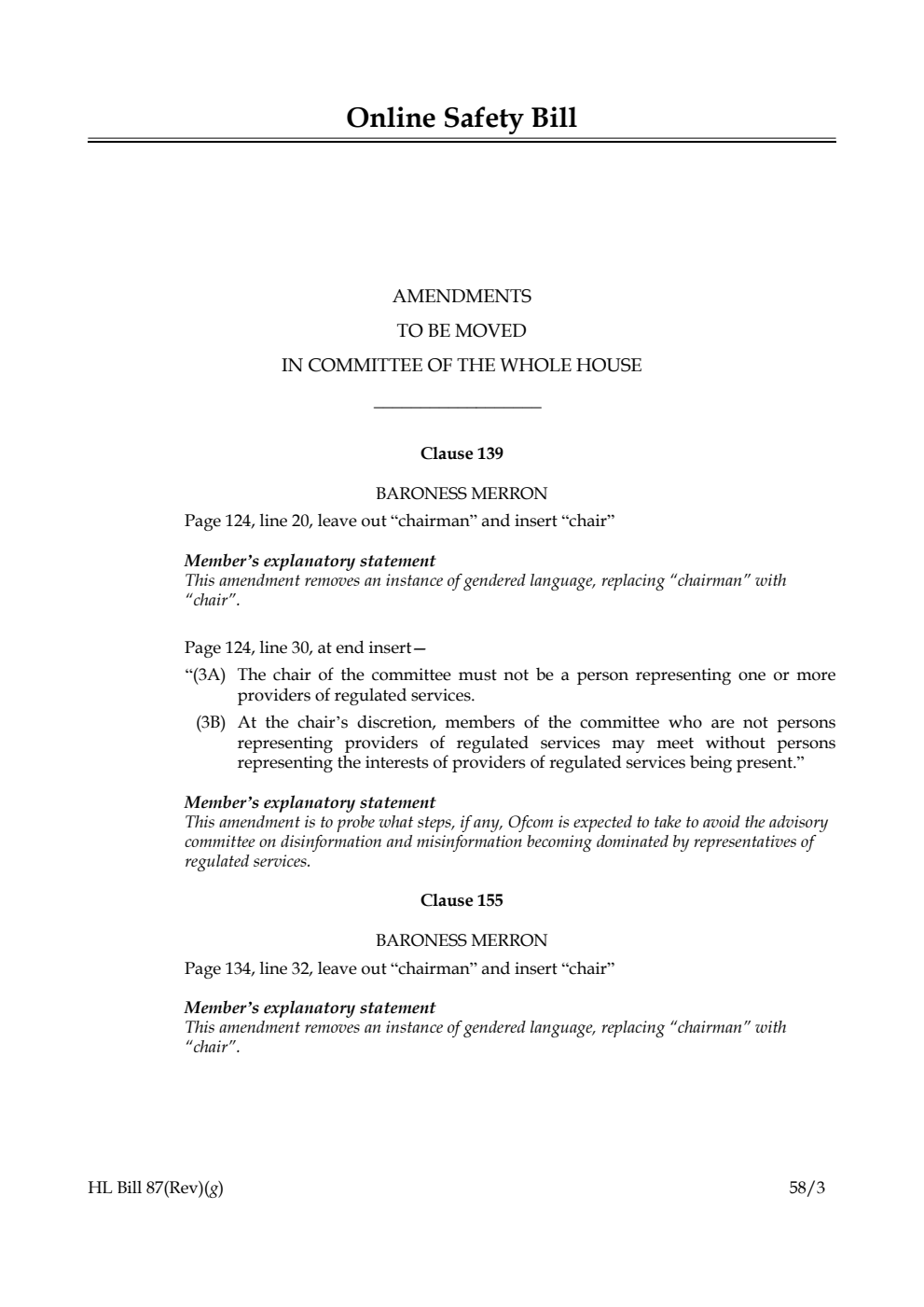 Online Safety Bill Amendments to be moved in Committee of the Whole House