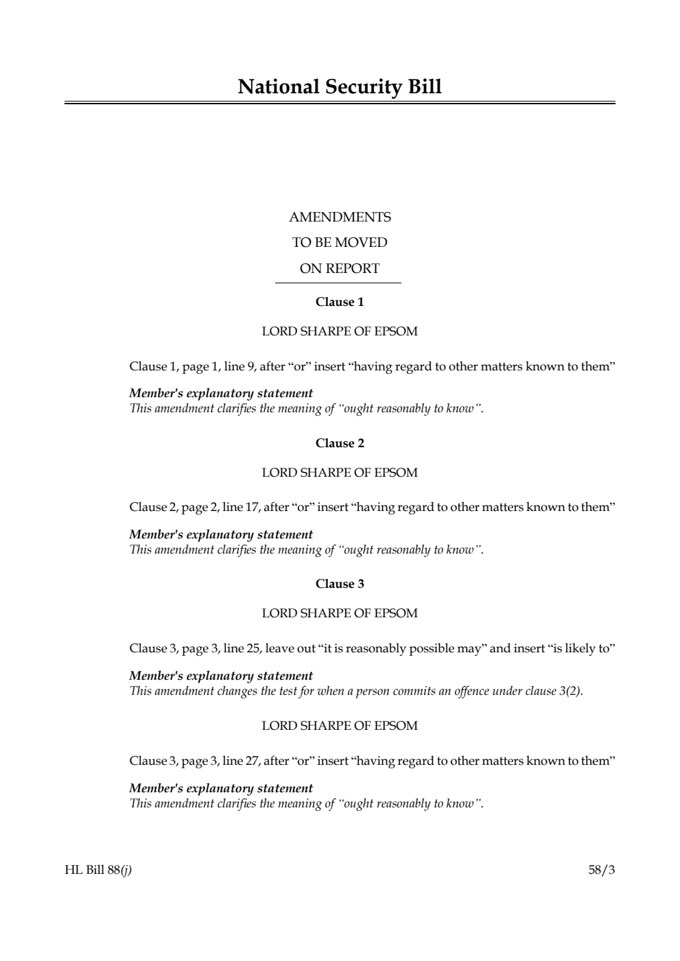 National Security Bill Amendments to be moved on Report