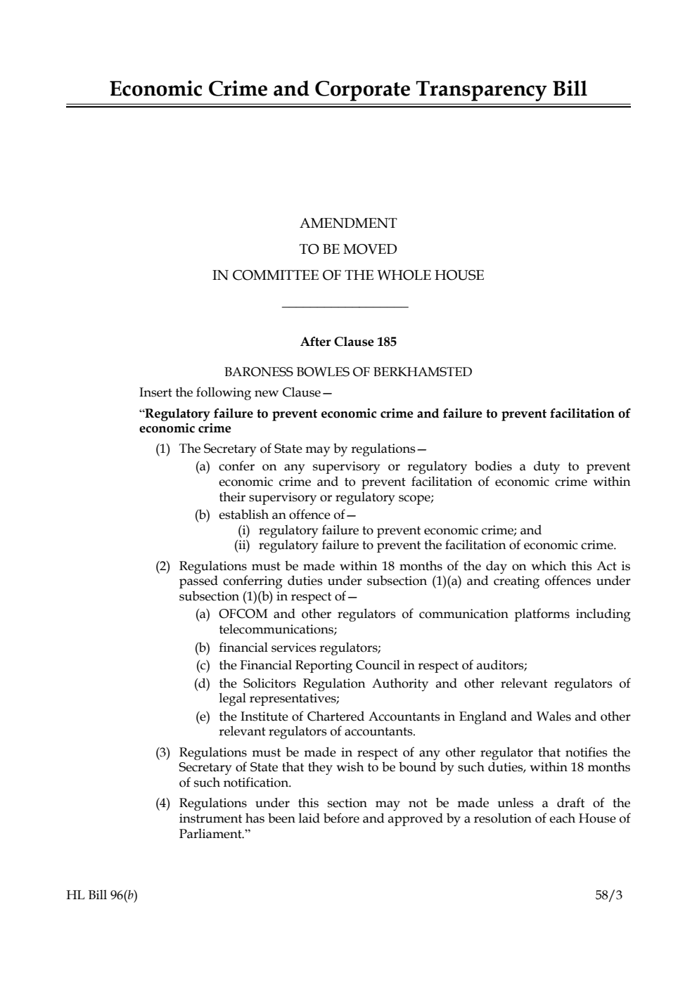 Economic Crime and Corporate Transparency Bill Amendment to be moved in Committee of the Whole House