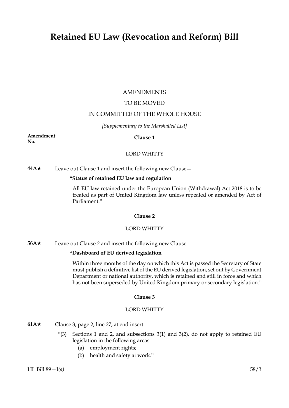 Retained EU Law (Revocation and Reform) Bill Amendments to be moved in Committee of the Whole House [Supplementary to the Marshalled List]