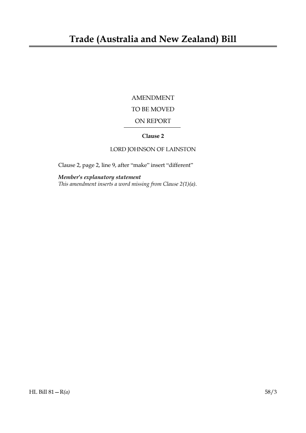 Trade (Australia and New Zealand) Bill Amendment to be moved on Report
