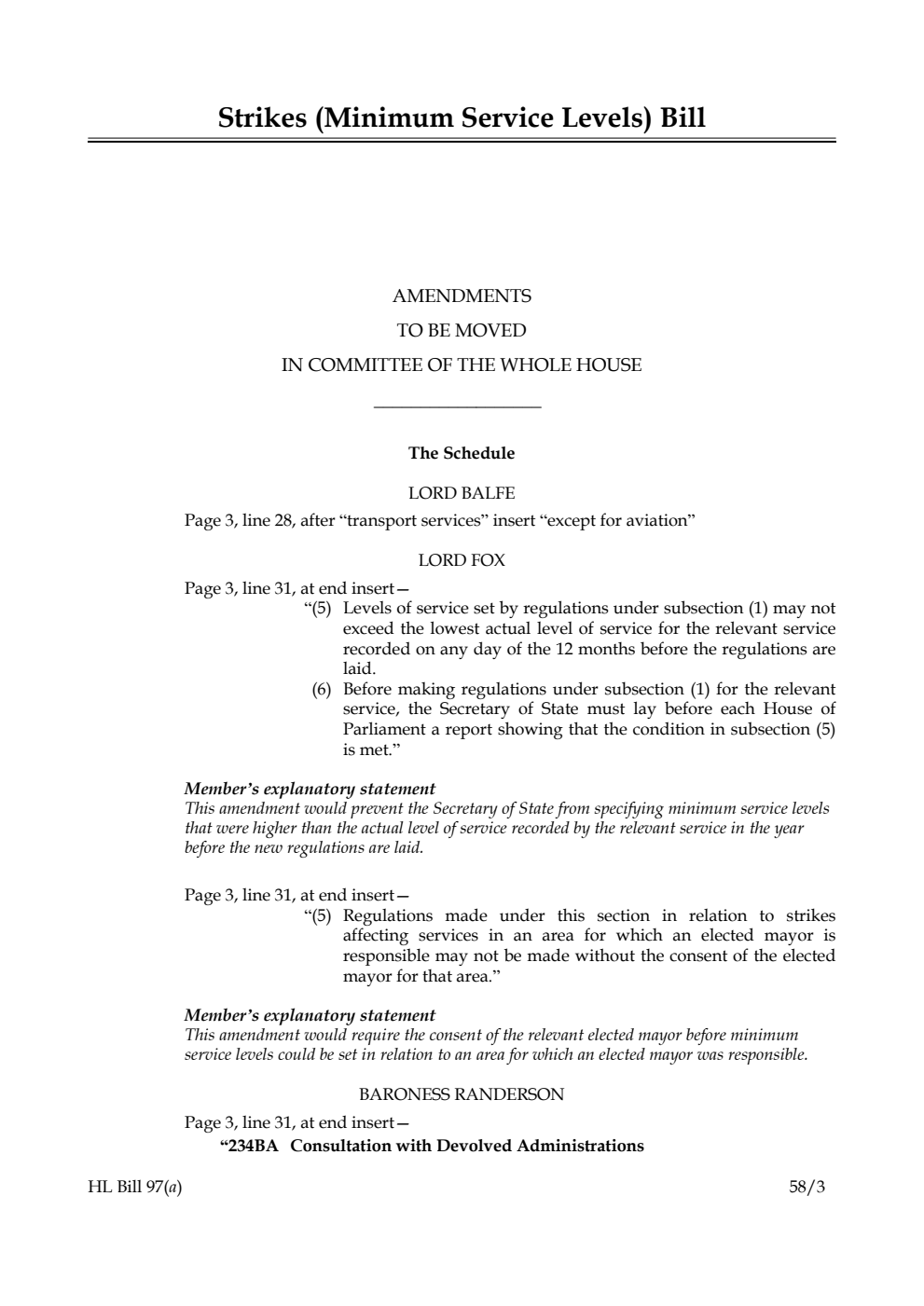 Strikes (Minimum Service Levels) Bill Amendments to be moved in Committee of the Whole House
