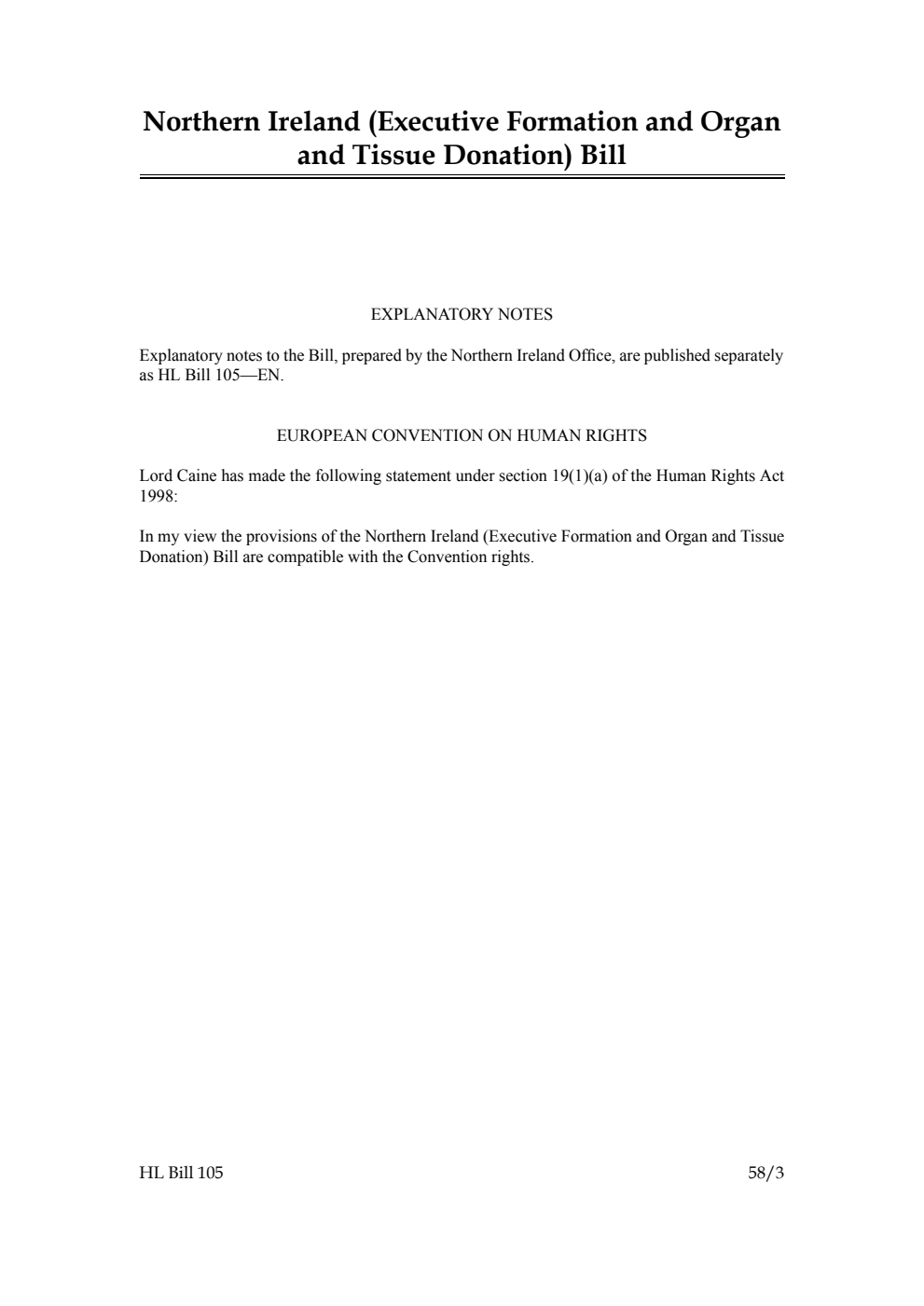 Northern Ireland (Executive Formation and Organ and Tissue Donation) Bill