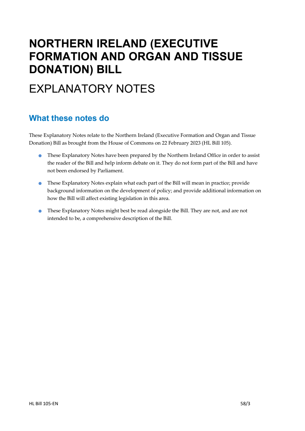 Northern Ireland (Executive Formation and Organ and Tissue Donation) Bill Explanatory Notes