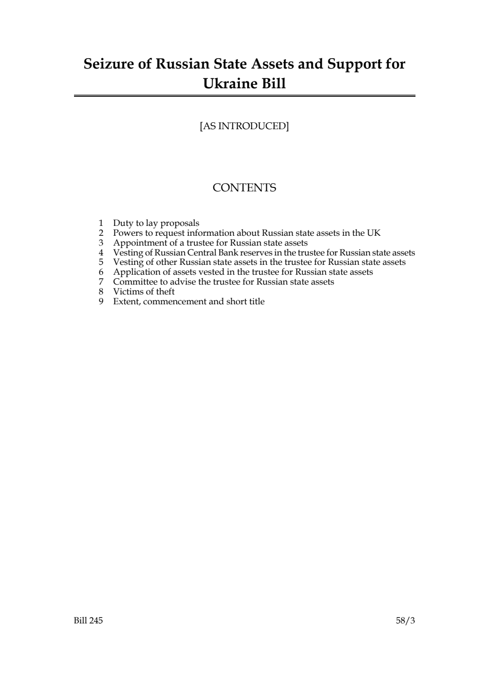 Seizure of Russian State Assets and Support for Ukraine Bill