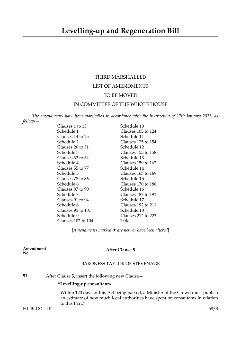 Levelling-up and Regeneration Bill Third Marshalled List of Amendments to be moved in Committee of the Whole House