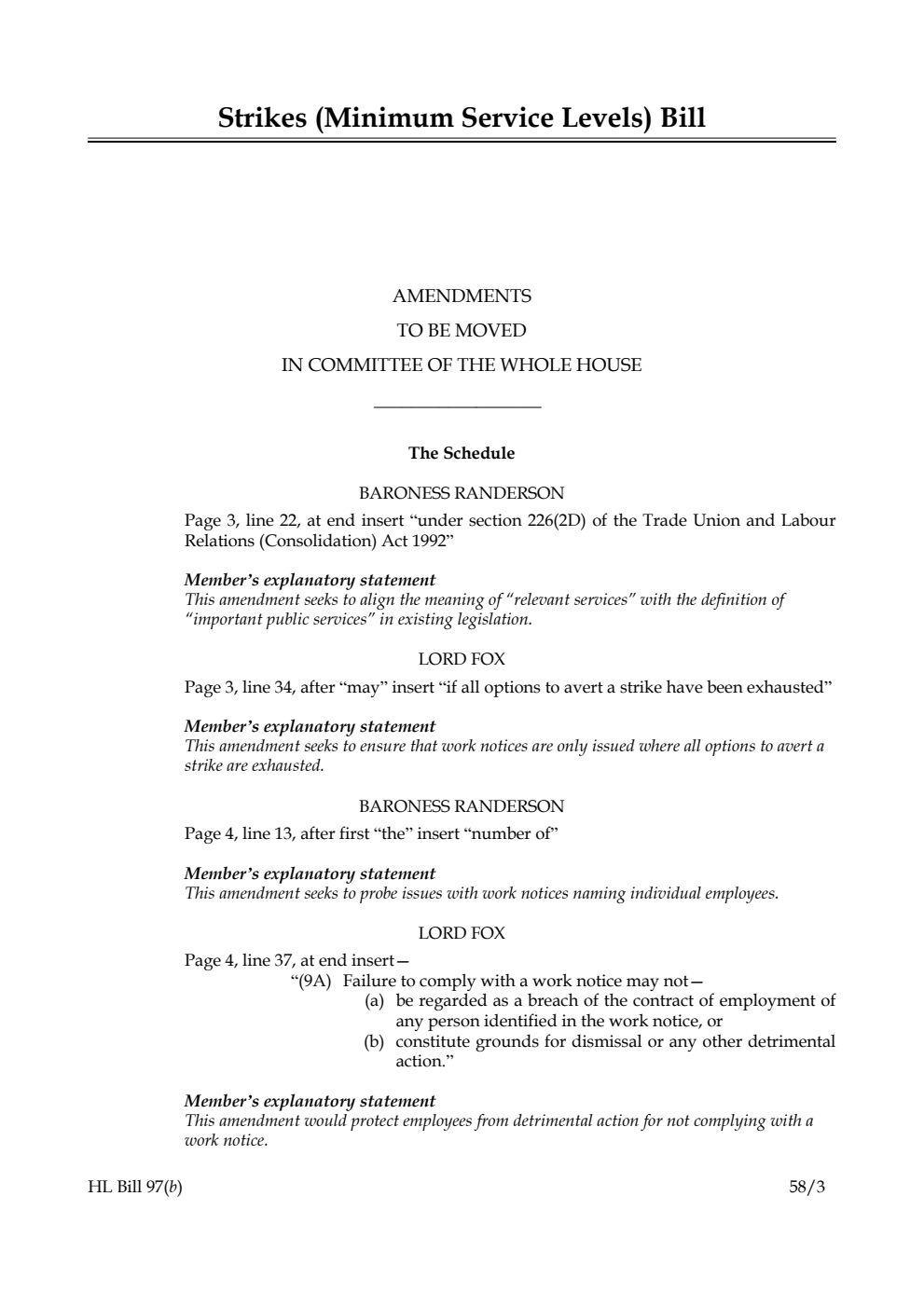 Strikes (Minimum Service Levels) Bill Amendments to be moved in Committee of the Whole House