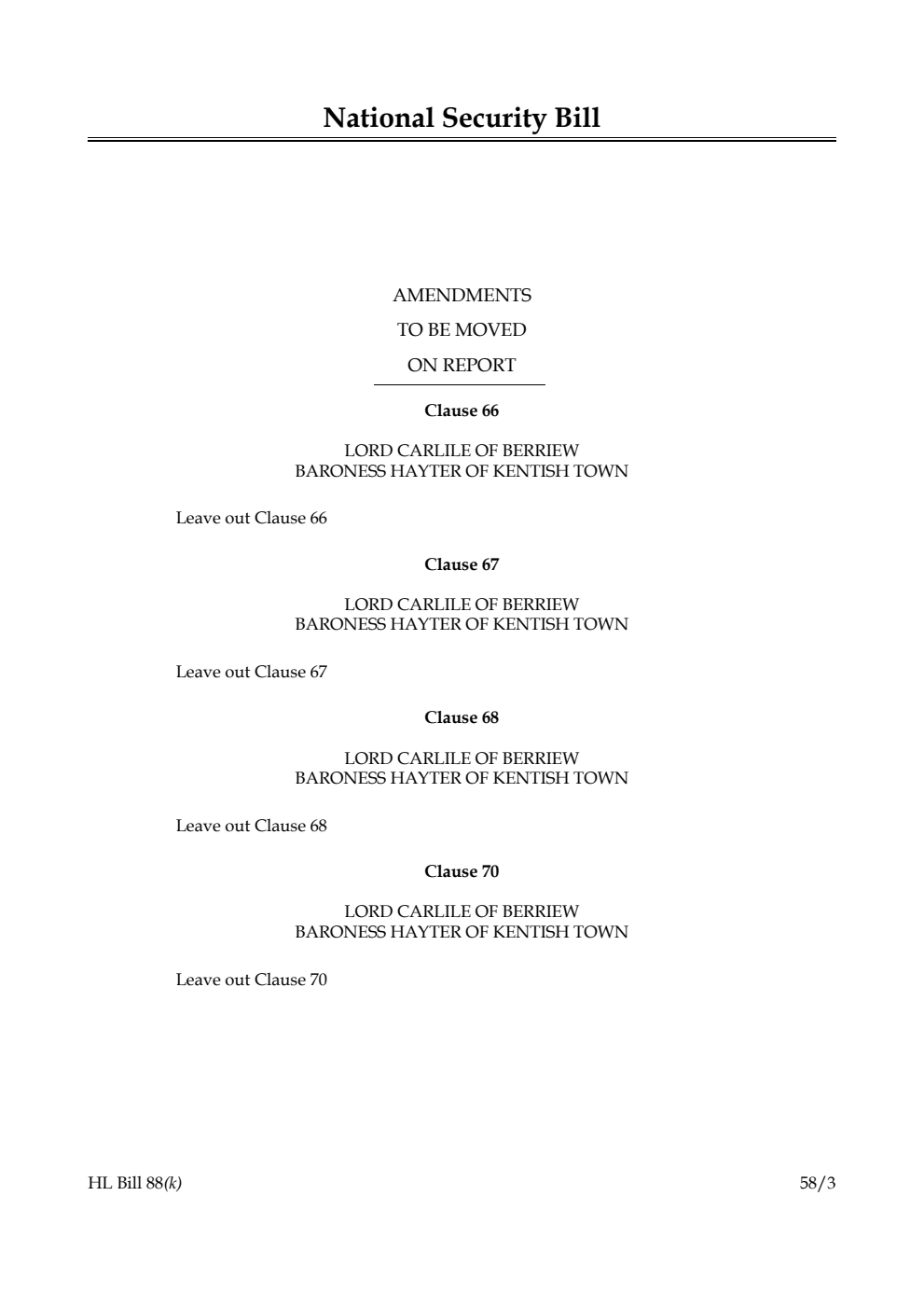 National Security Bill Amendments to be moved on Report