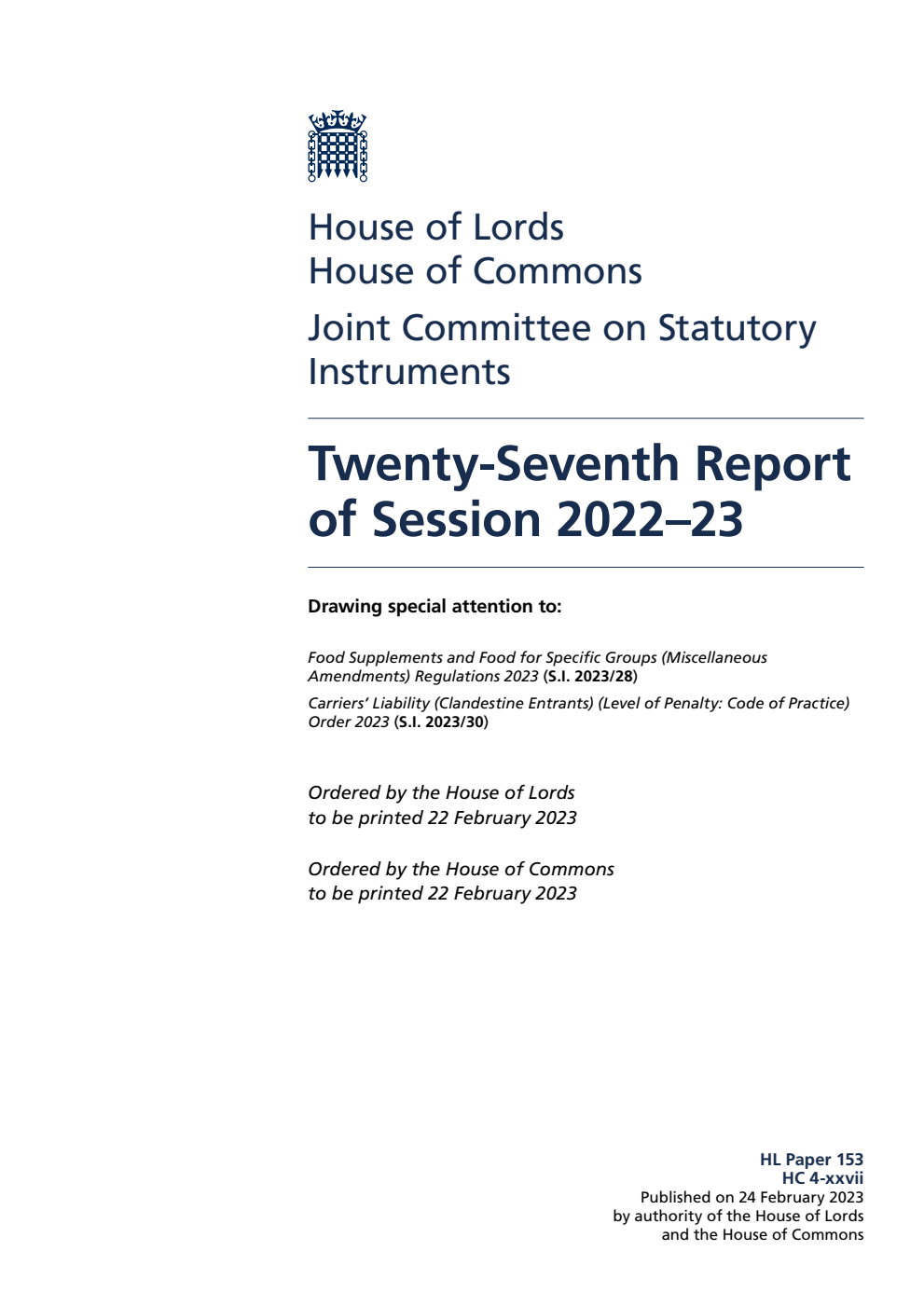 Joint Committee on Statutory Instruments 27th Report of Session 2022-23