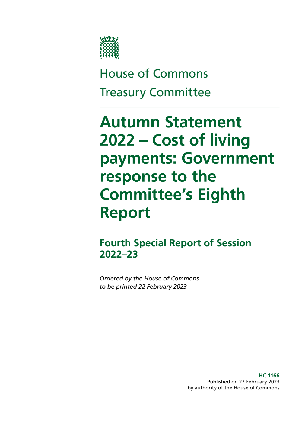 Treasury Committee 4th Special Report. Autumn Statement 2022 – Cost of living payments: Government response to the Committee’s Eighth Report