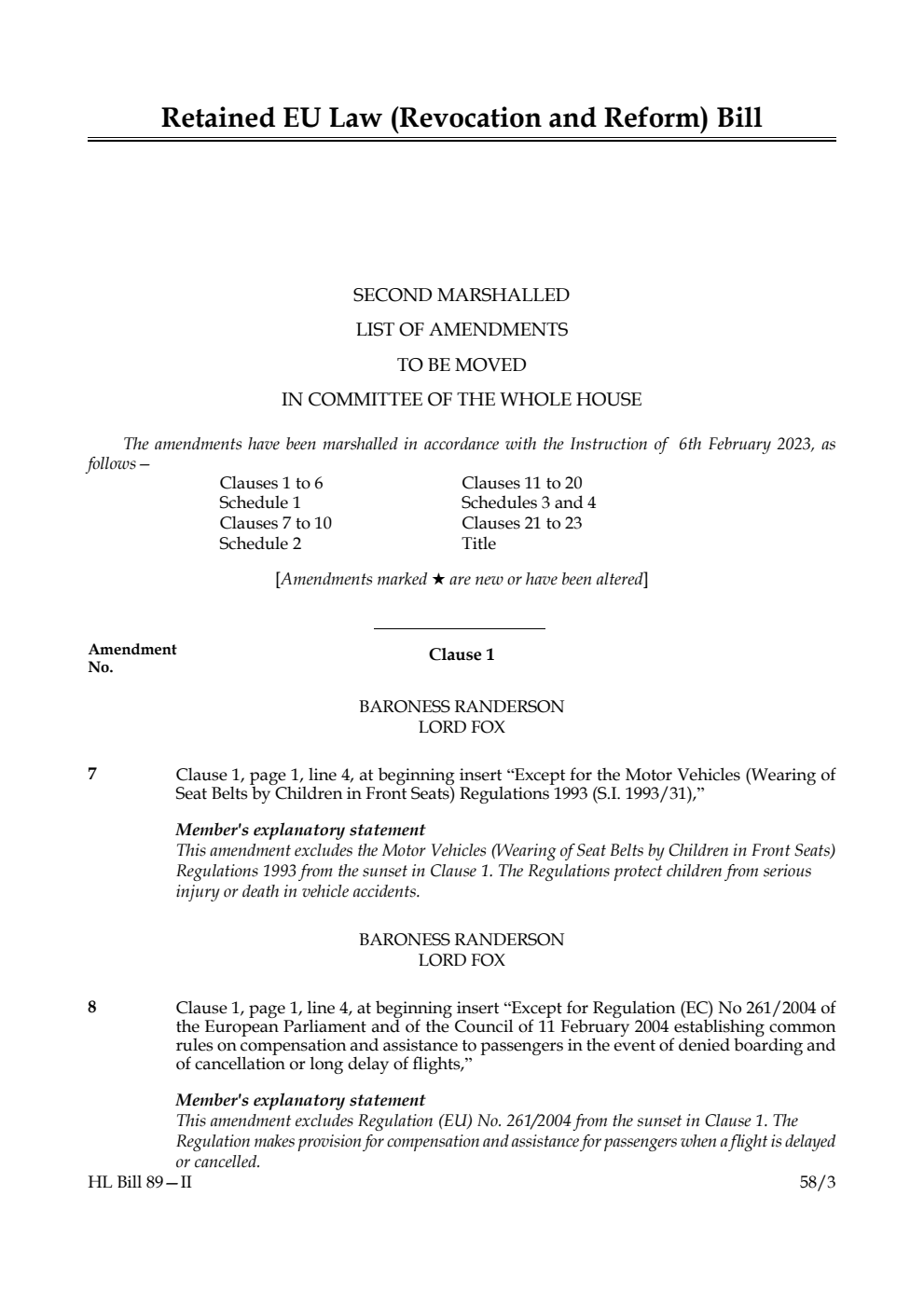 Retained EU Law (Revocation and Reform) Bill Second Marshalled List of Amendments to be moved in Committee of the Whole House
