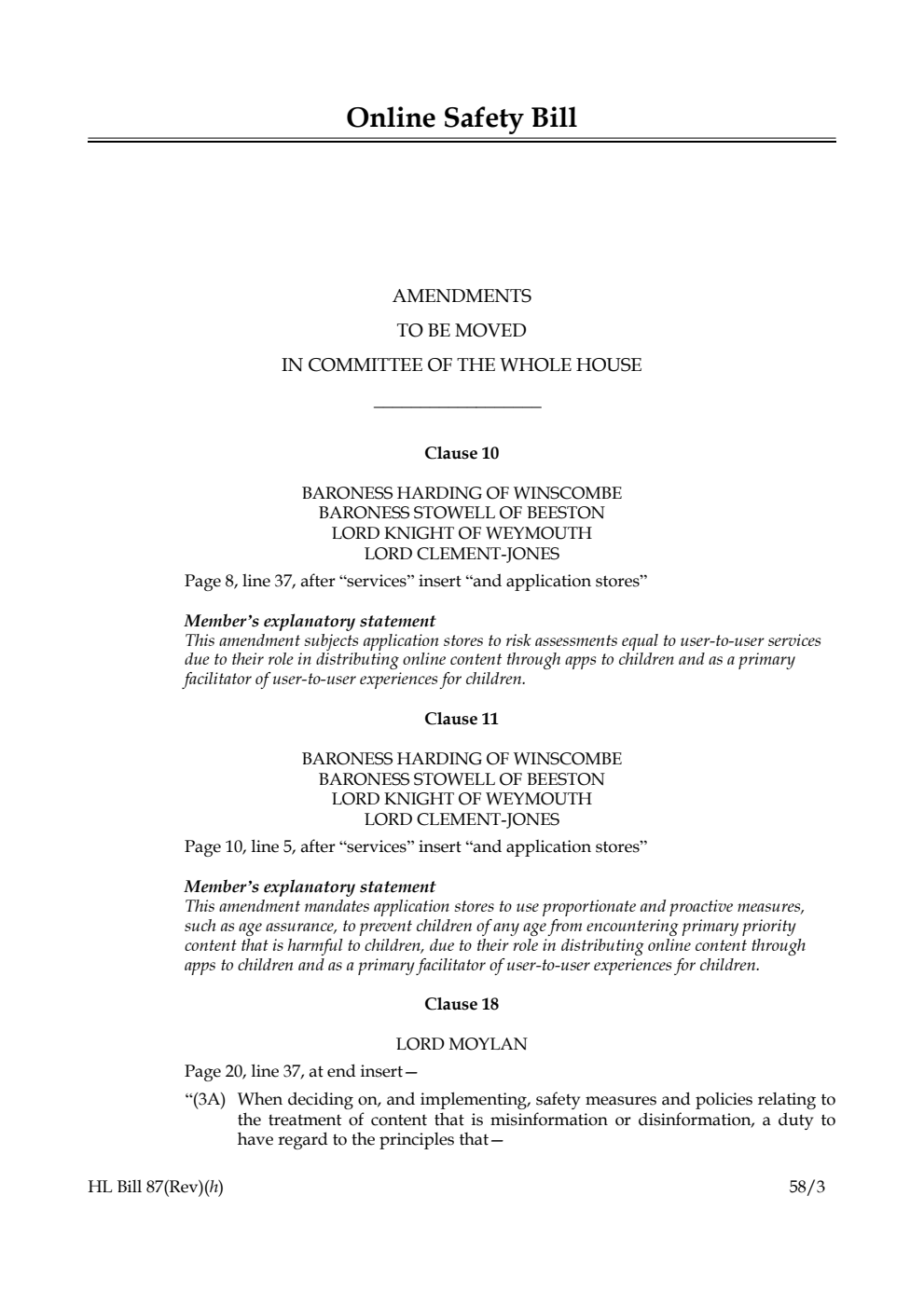 Online Safety Bill Amendments to be moved in Committee of the Whole House