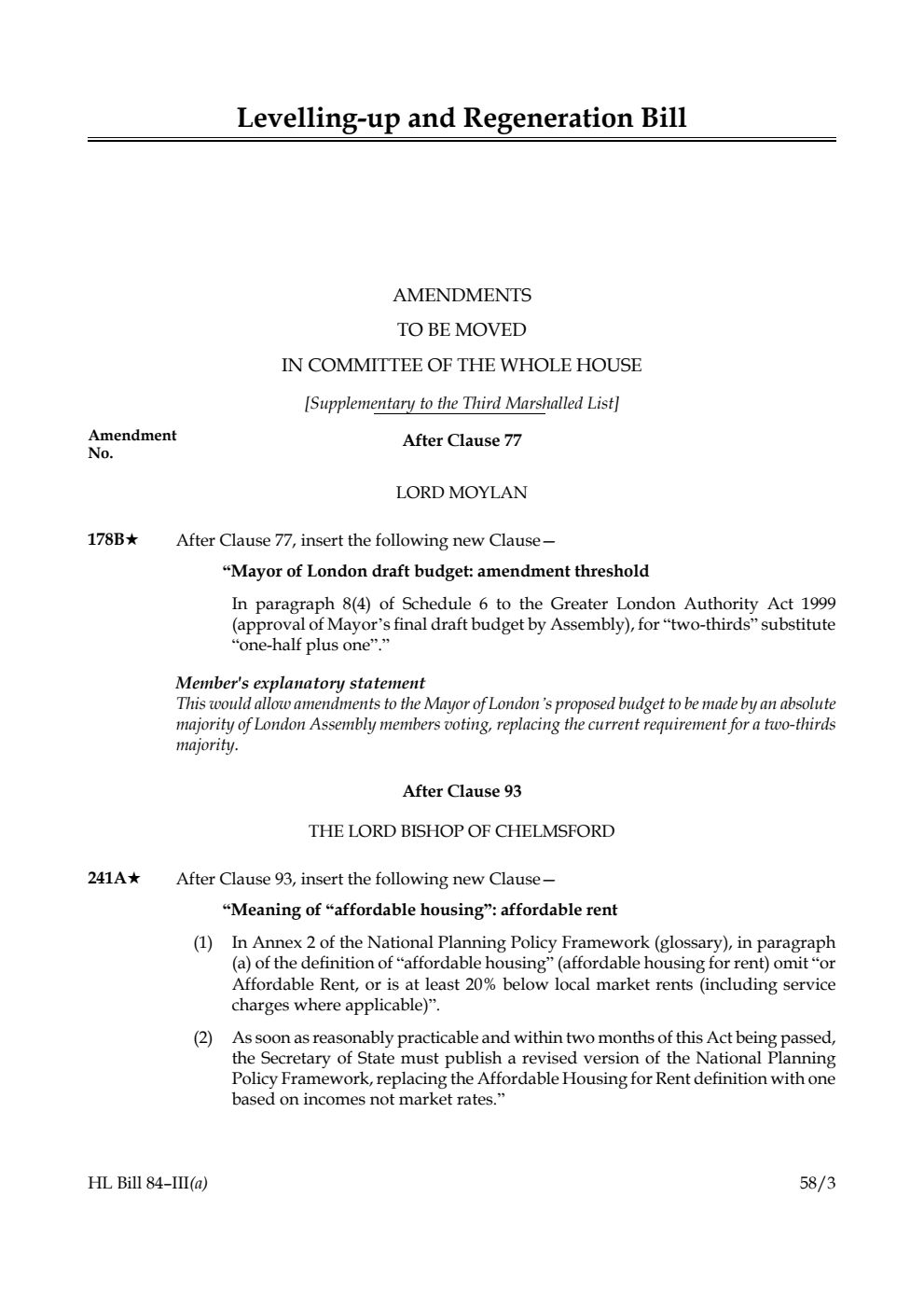 Levelling-up and Regeneration Bill Amendments to be moved in Committee of the Whole House [Supplementary to the Third Marshalled List]