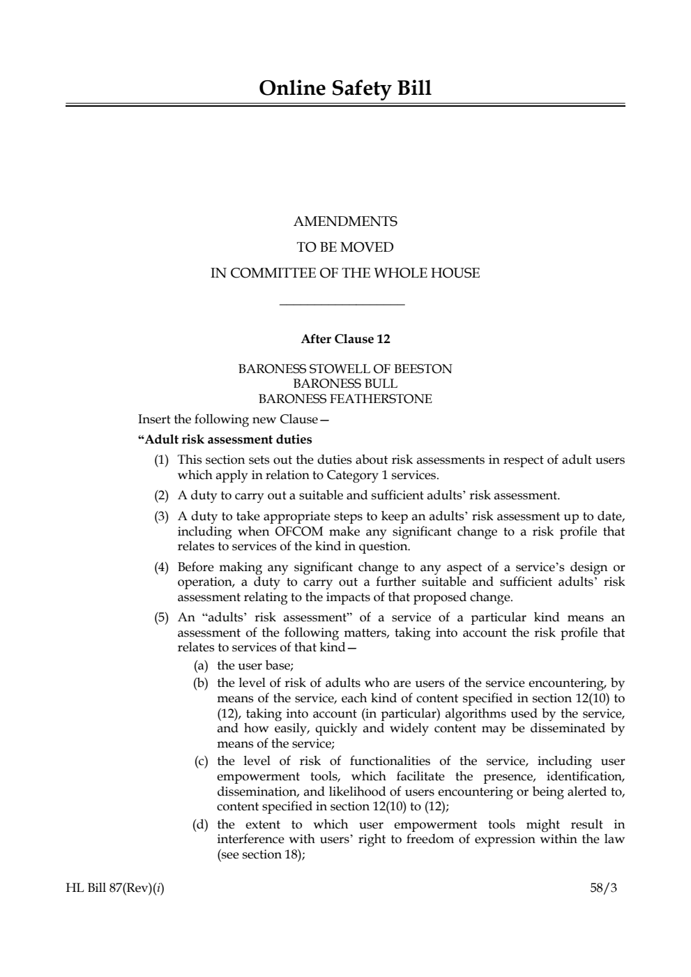 Online Safety Bill Amendments to be moved in Committee of the Whole House