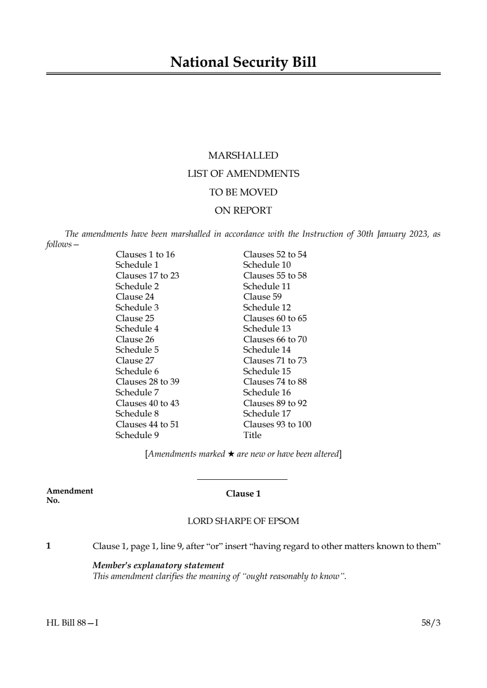 National Security Bill Marshalled List of Amendments to be moved on report