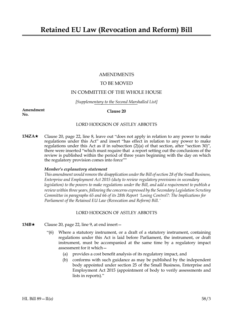 Retained EU Law (Revocation and Reform) Bill Amendments to be moved in Committee of the Whole House [Supplementary to the Second Marshalled List]