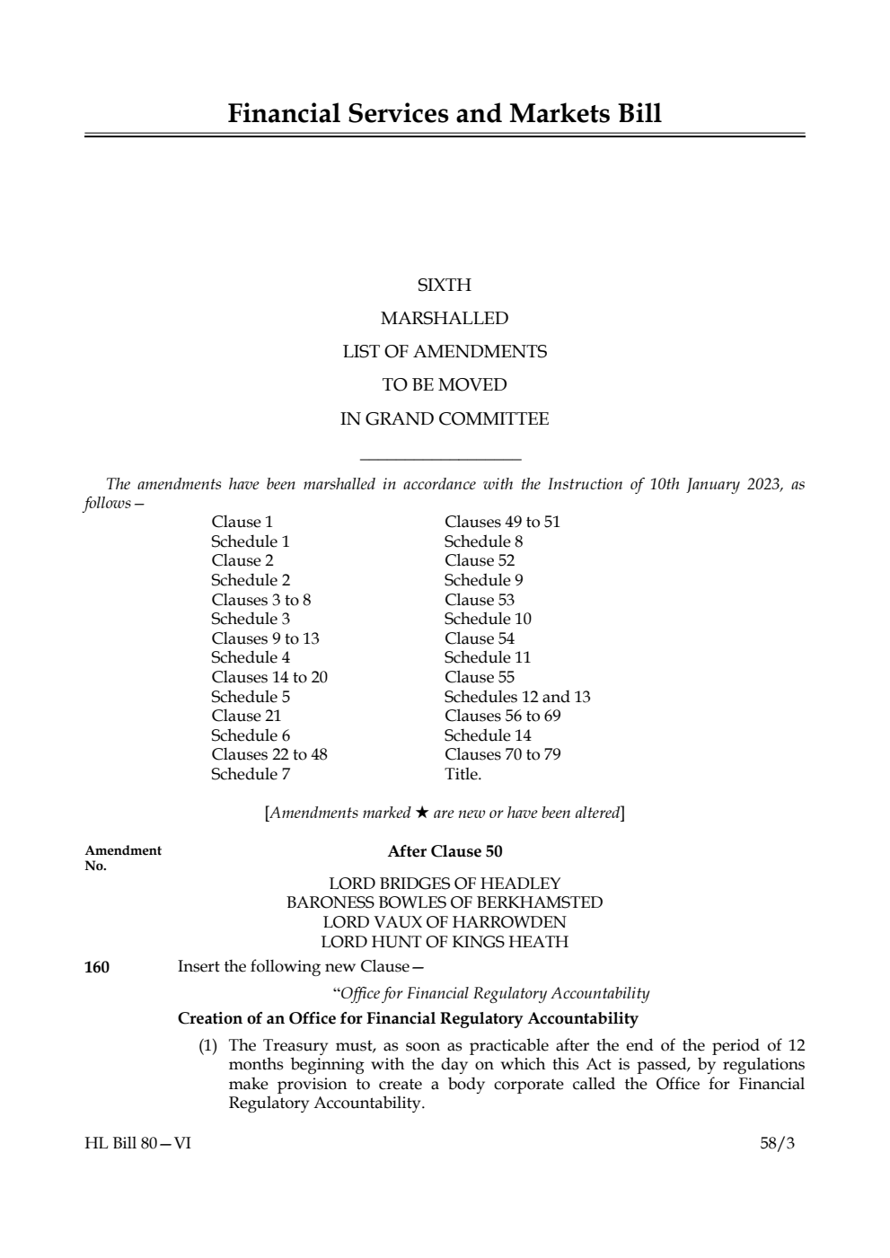 Financial Services and Markets Bill Sixth Marshalled List of Amendments to be moved in Grand Committee