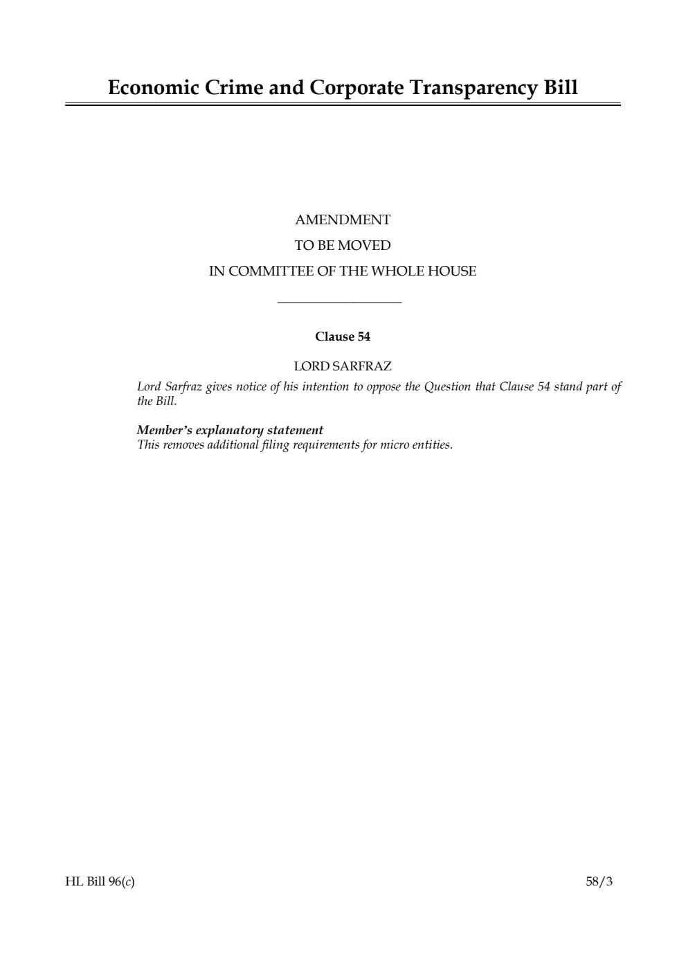 Economic Crime and Corporate Transparency Bill Amendment to be moved in Committee of the Whole House