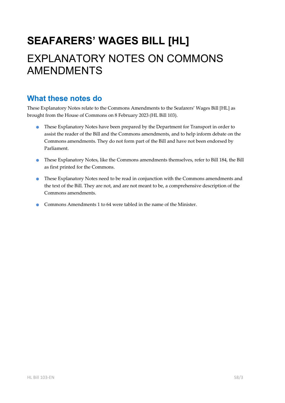 Seafarers’ Wages Bill Explanatory Notes on Commons Amendments
