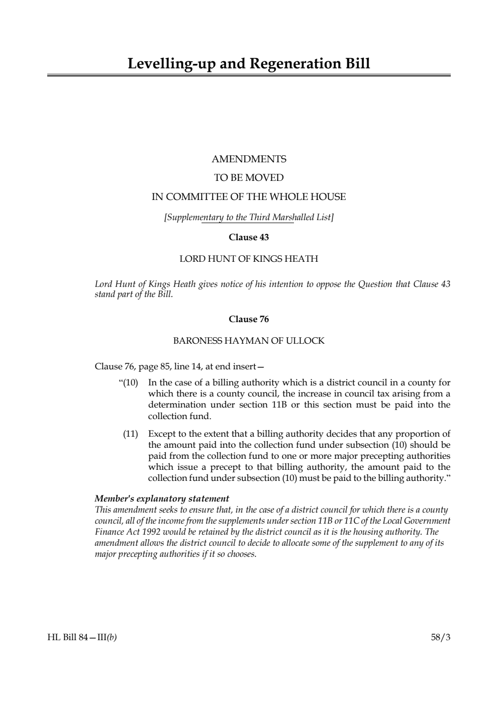 Levelling-up and Regeneration Bill Amendments to be moved in Committee of the Whole House [Supplementary to the Third Marshalled List]