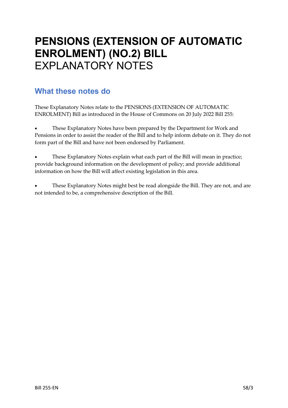 Pensions (Extension of Automatic Enrolment) (No. 2) Bill Explanatory Notes