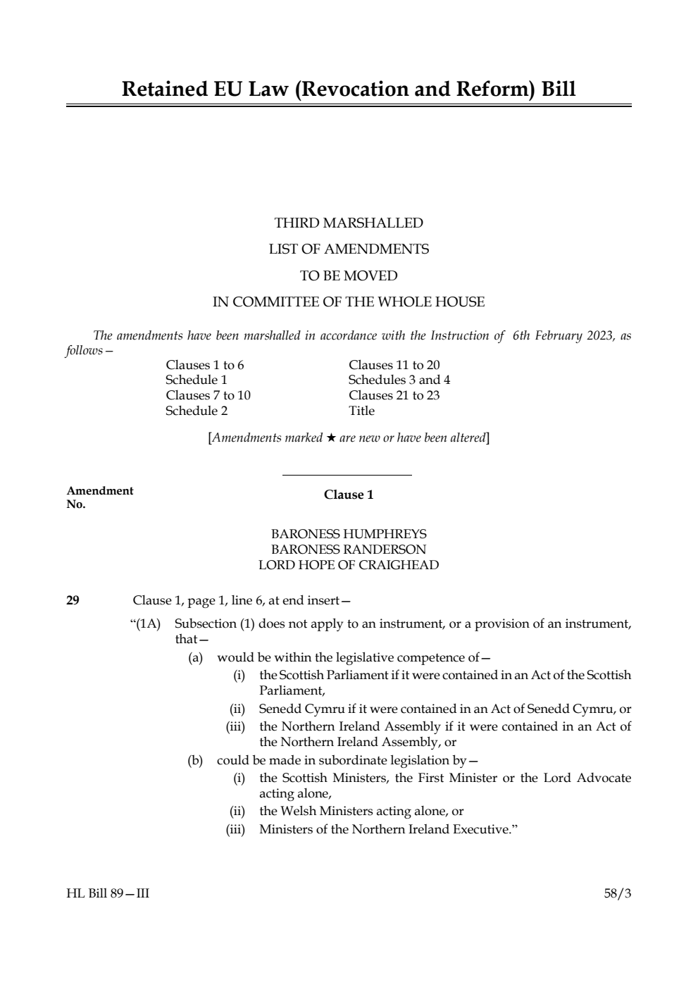 Retained EU Law (Revocation and Reform) Bill Third Marshalled List of Amendments to be moved in Committee of the Whole House