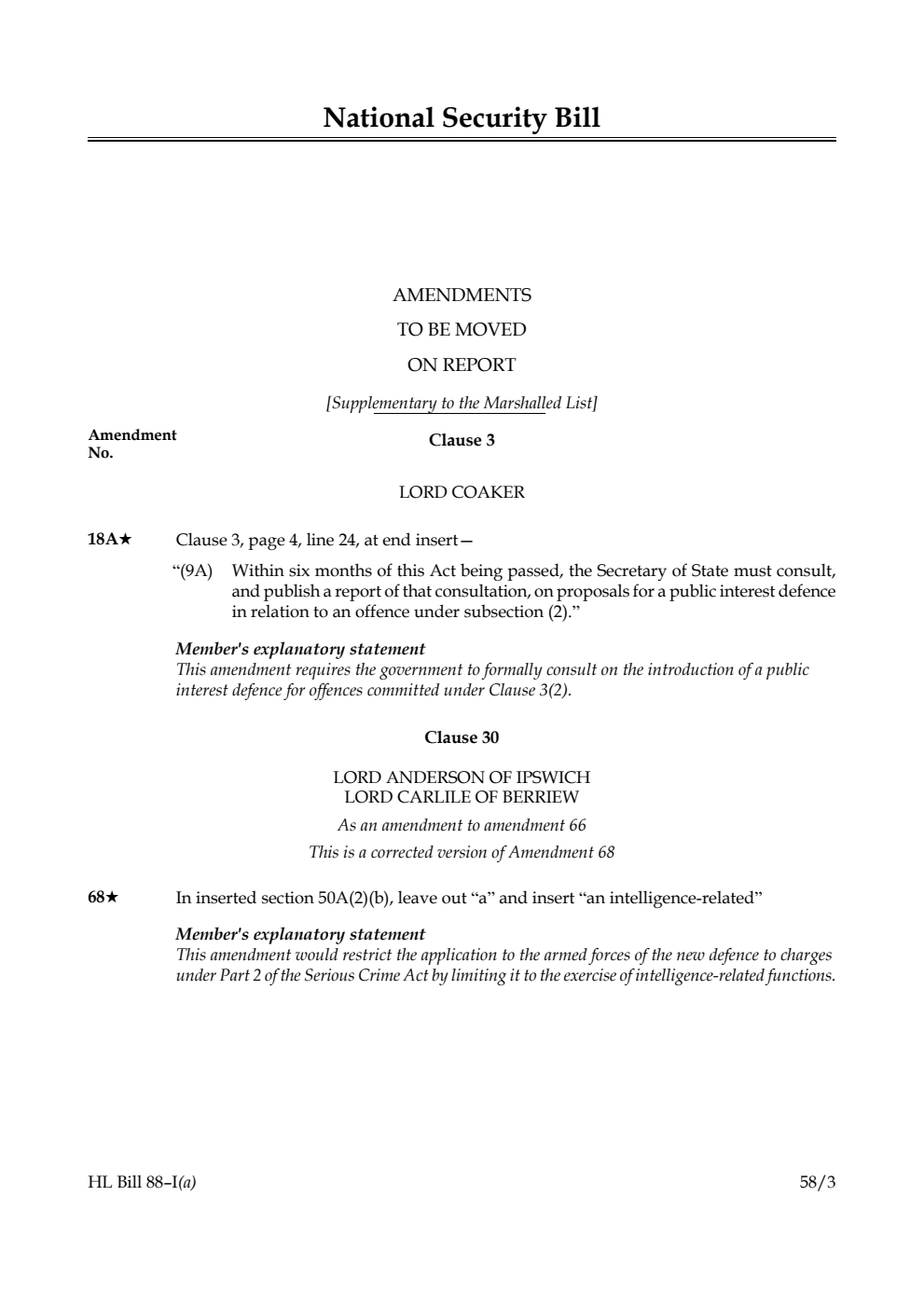 National Security Bill Amendments to be moved on Report [Supplementary to the Marshalled List]