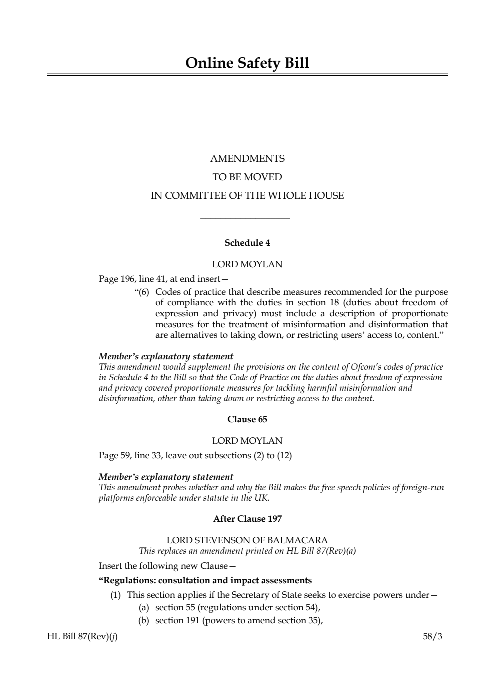 Online Safety Bill Amendments to be moved in Committee of the Whole House