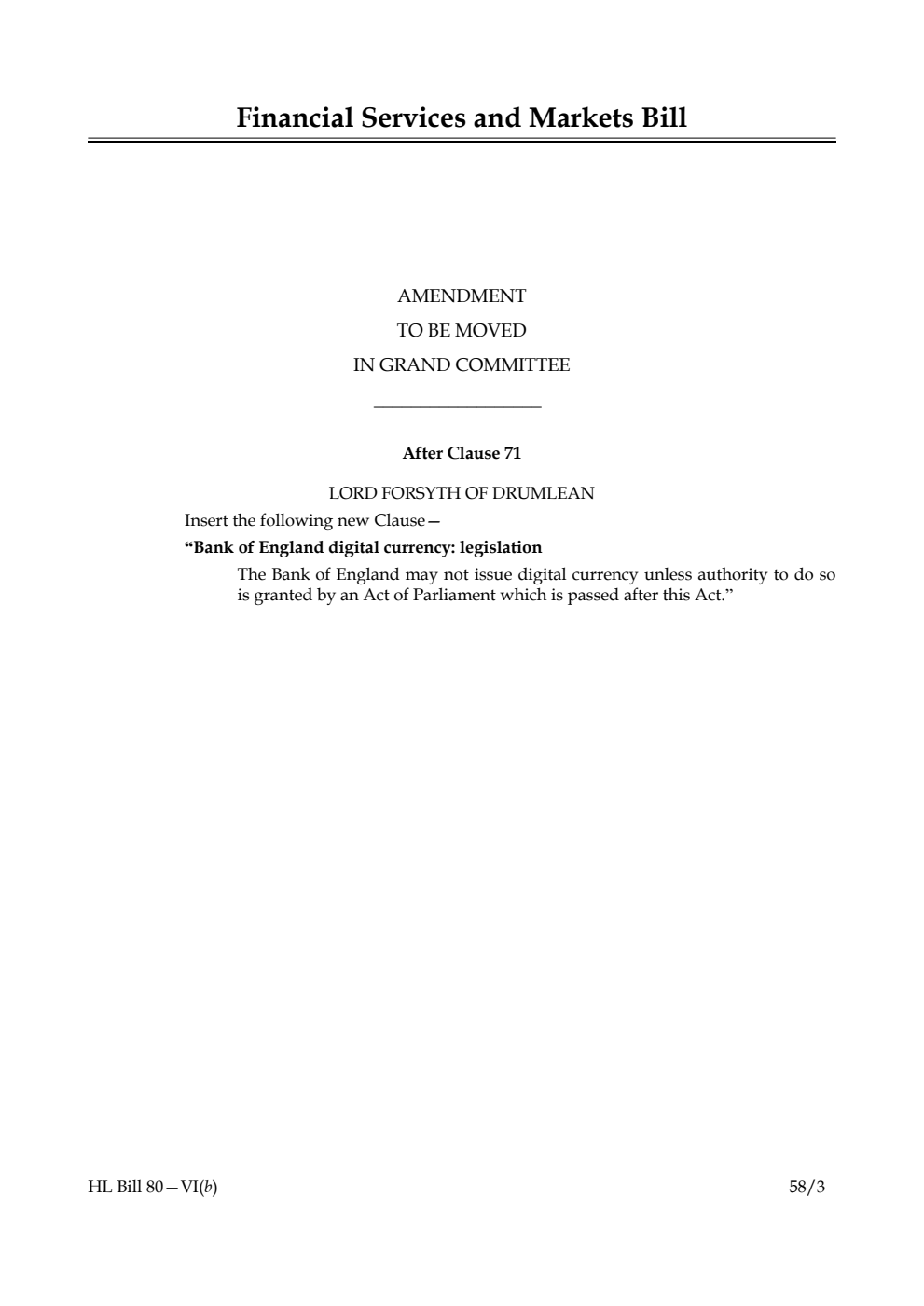 Financial Services and Markets Bill Amendment to be moved in Grand Committee