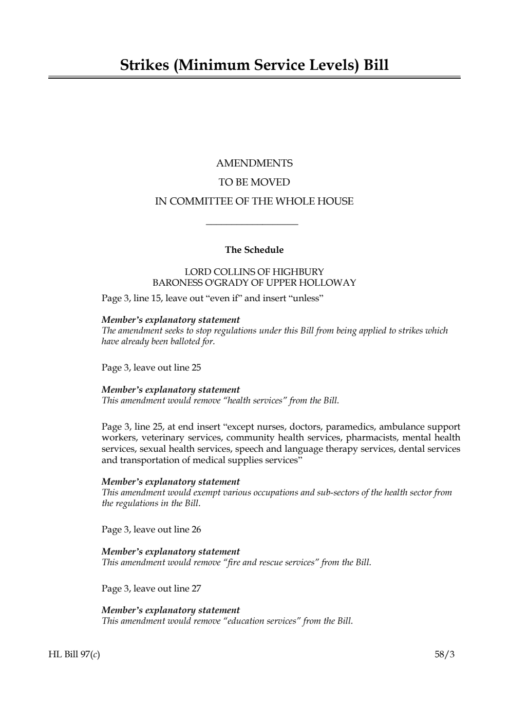 Strikes (Minimum Service Levels) Bill Amendments to be moved in Committee of the Whole House