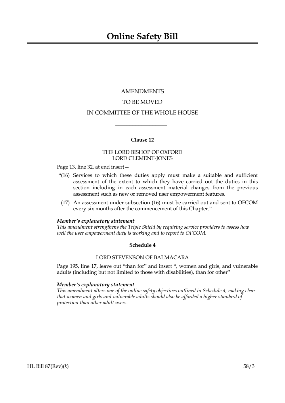 Online Safety Bill Amendments to be moved in Committee of the Whole House