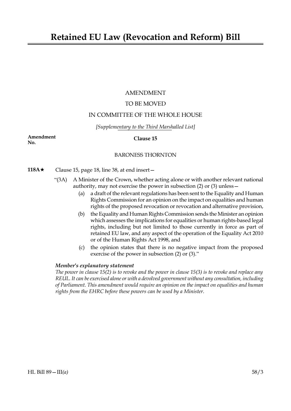 Retained EU Law (Revocation and Reform) Bill Amendment to be moved in Committee of the Whole House [Supplementary to the Third Marshalled List]