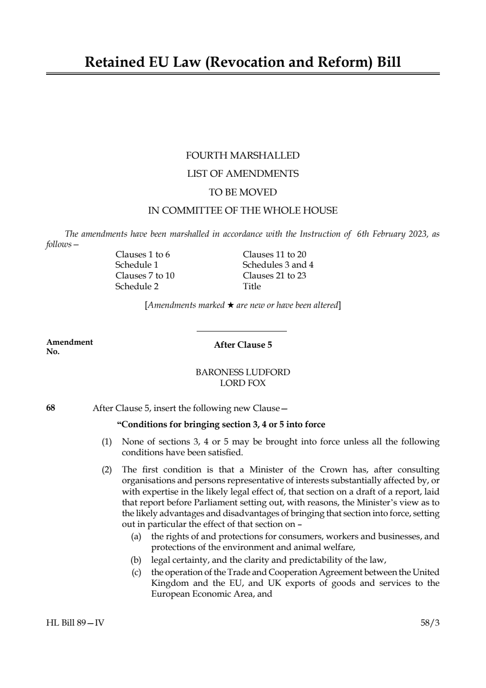 Retained EU Law (Revocation and Reform) Bill Fourth Marshalled List of Amendments to be moved in Committee of the Whole House