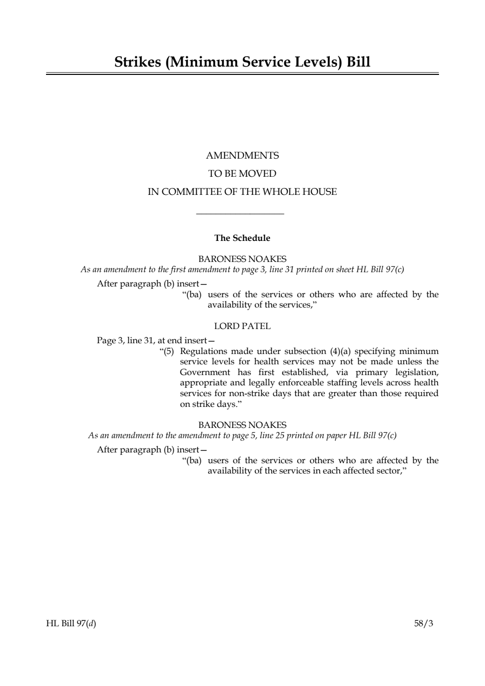 Strikes (Minimum Service Levels) Bill Amendments to be moved in Committee of the Whole House