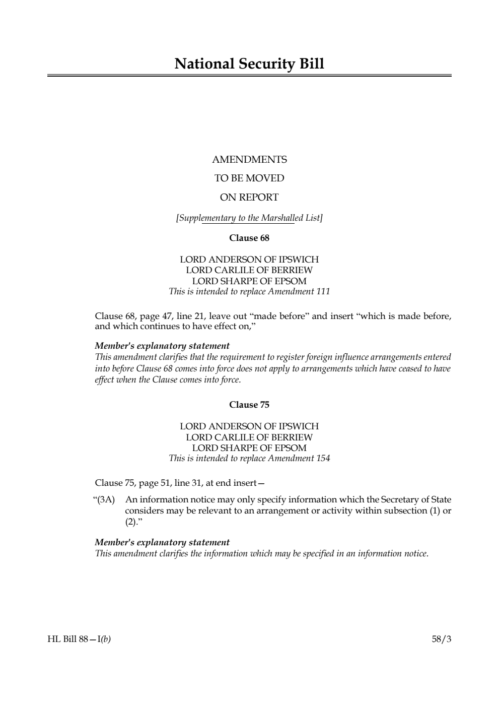 National Security Bill Amendments to be moved on Report [Supplementary to the Marshalled List]