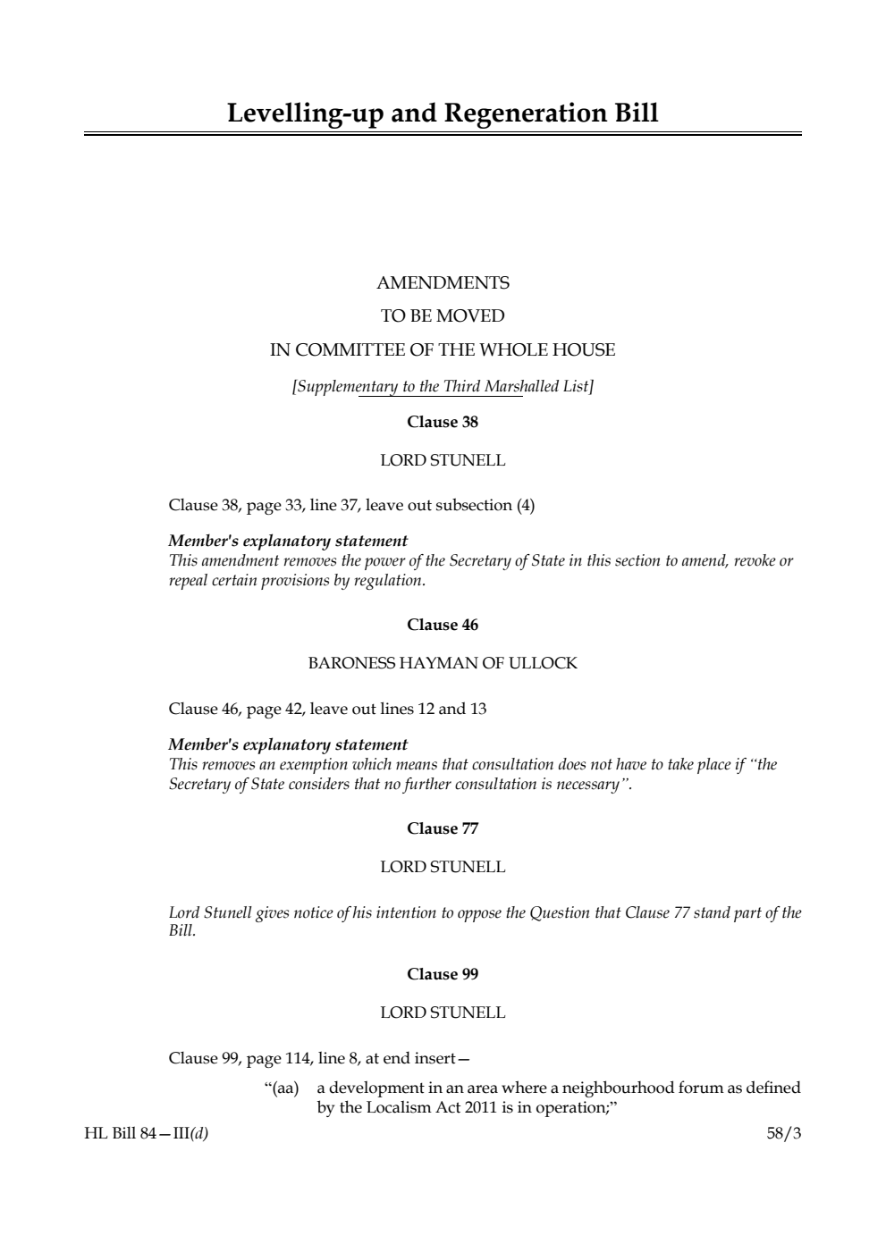 Levelling-up and Regeneration Bill Amendments to be moved in Committee of the Whole House [Supplementary to the Third Marshalled List]
