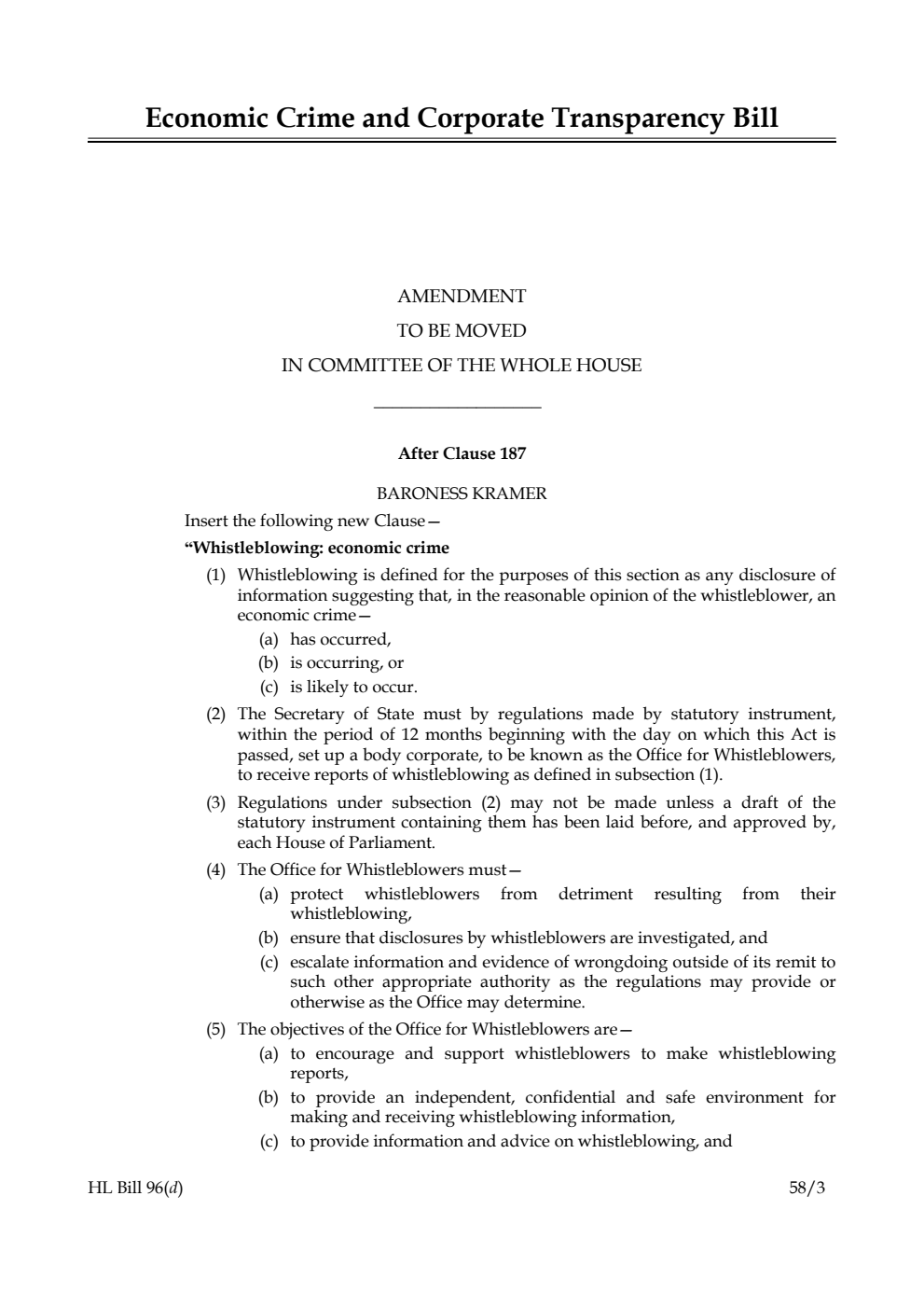 Economic Crime and Corporate Transparency Bill Amendment to be moved in Committee of the Whole House