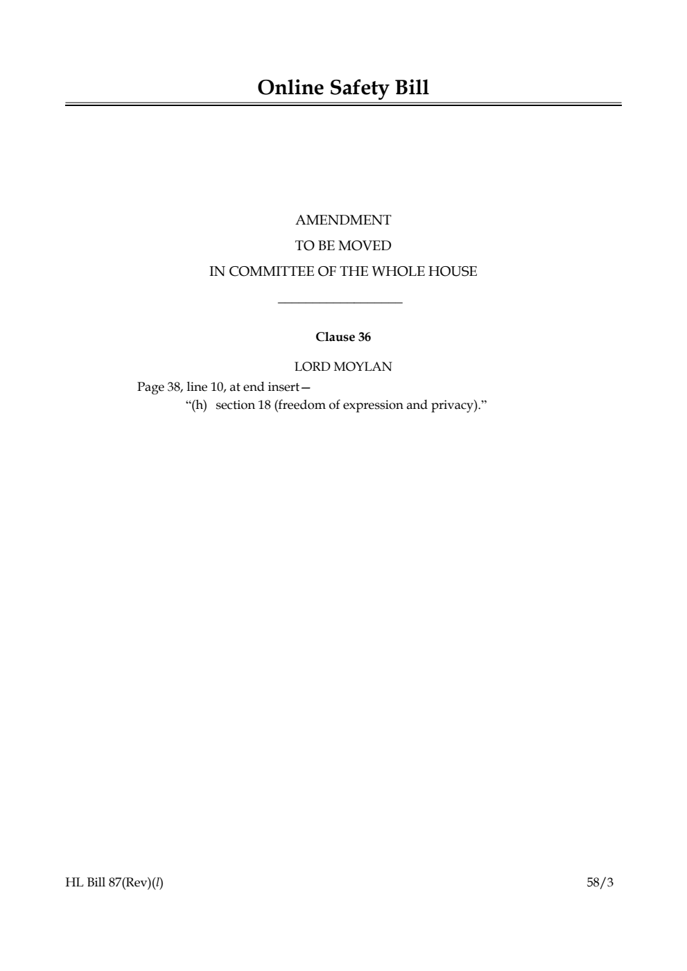 Online Safety Bill Amendment to be moved in Committee of the Whole House