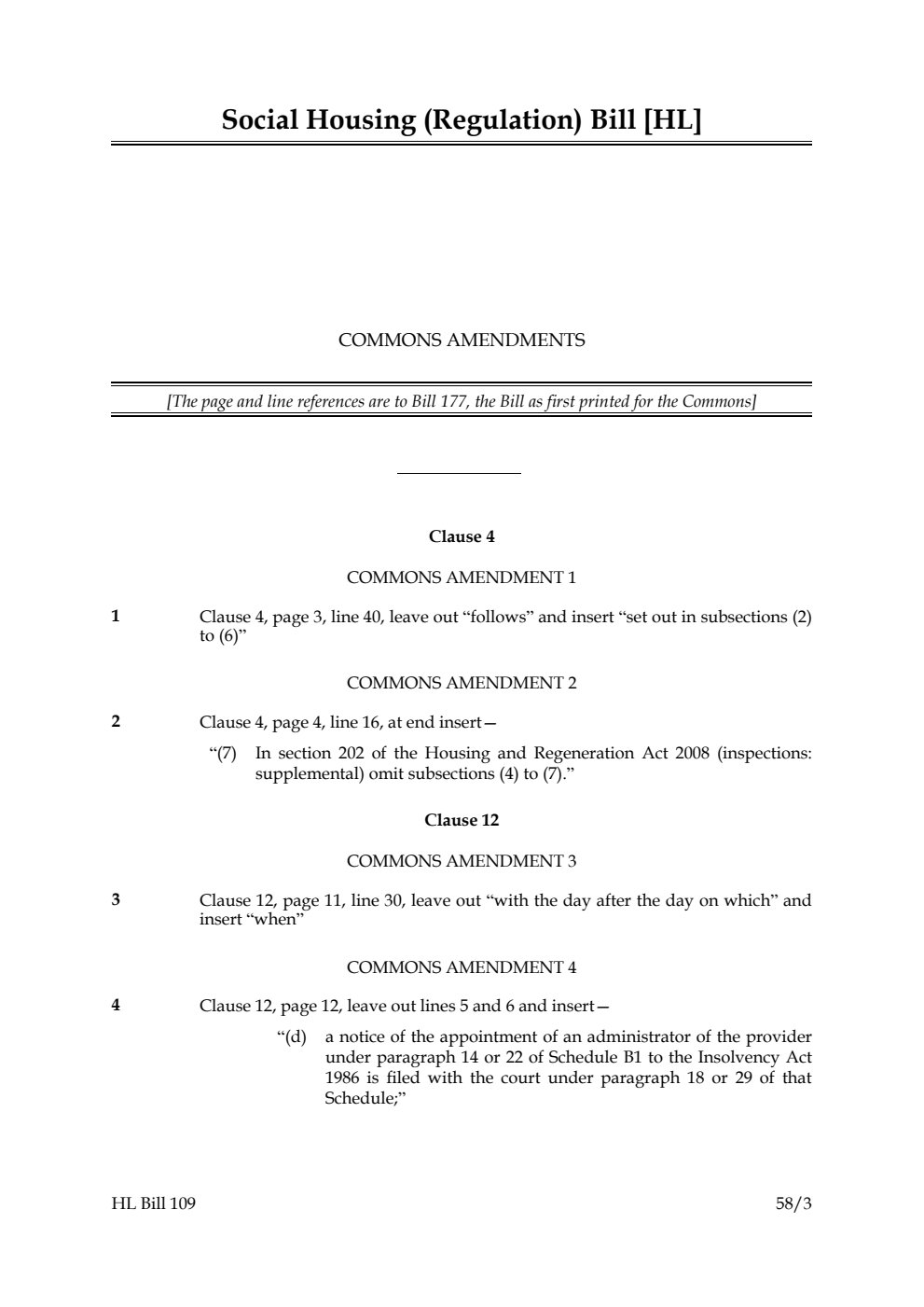 Social Housing (Regulation) Bill Commons Amendments
