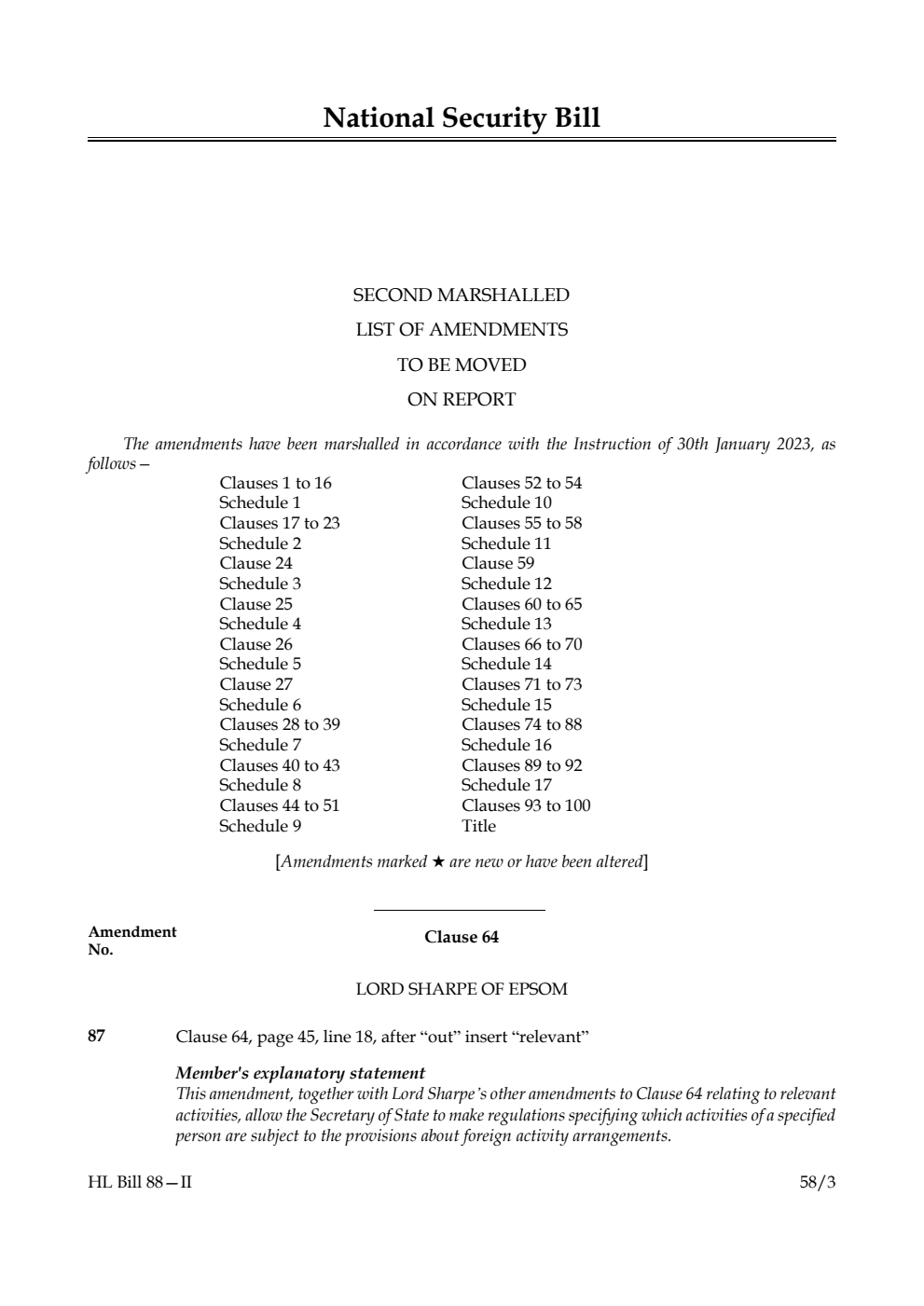 National Security Bill Second Marshalled List of Amendments to be moved on report